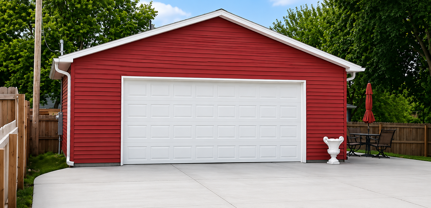 Red garage with a white double door and concrete driveway, framed by trees and a fence