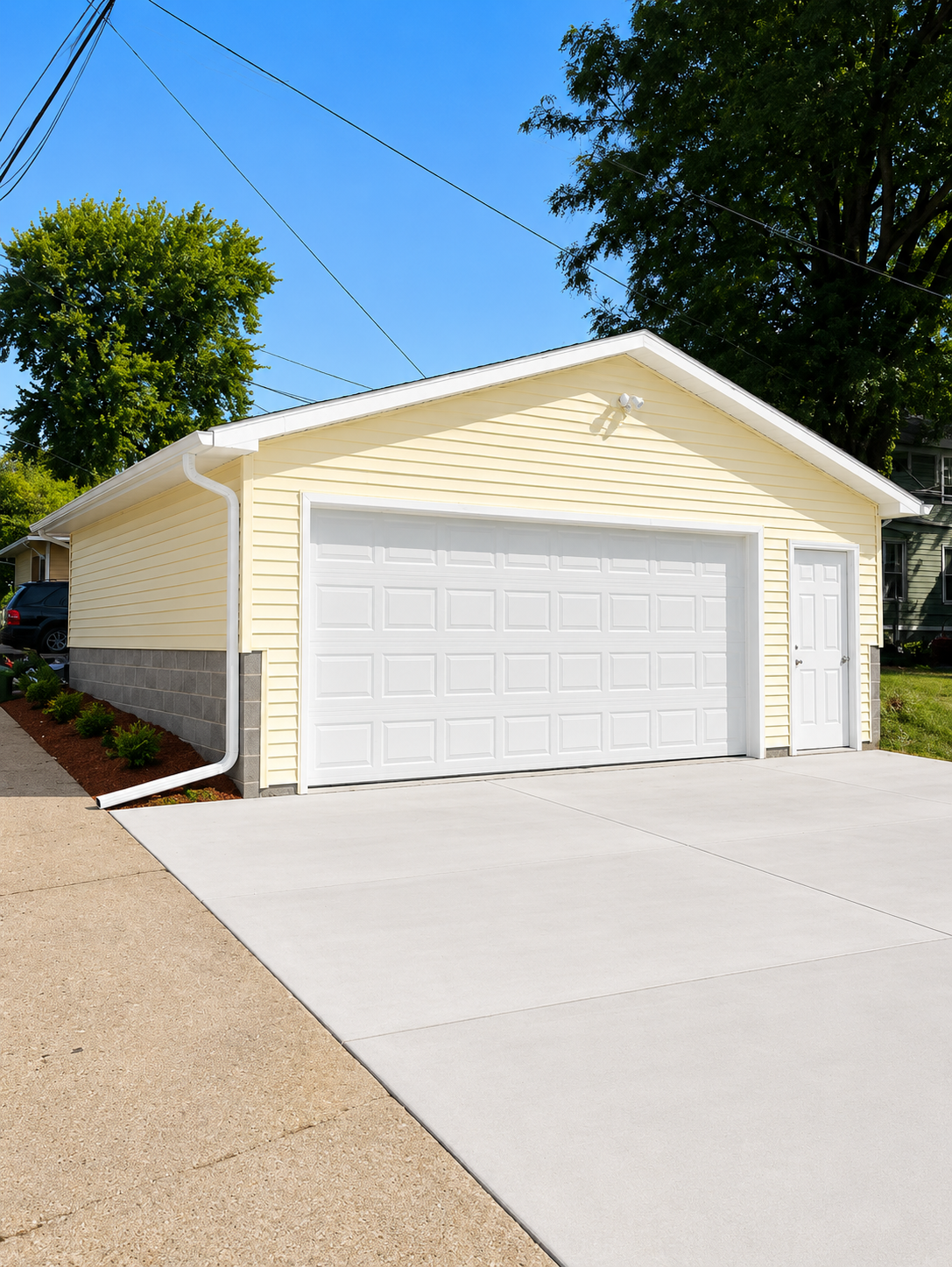 Yellow garage with white garage door and side door, concrete driveway under a clear blue sky.