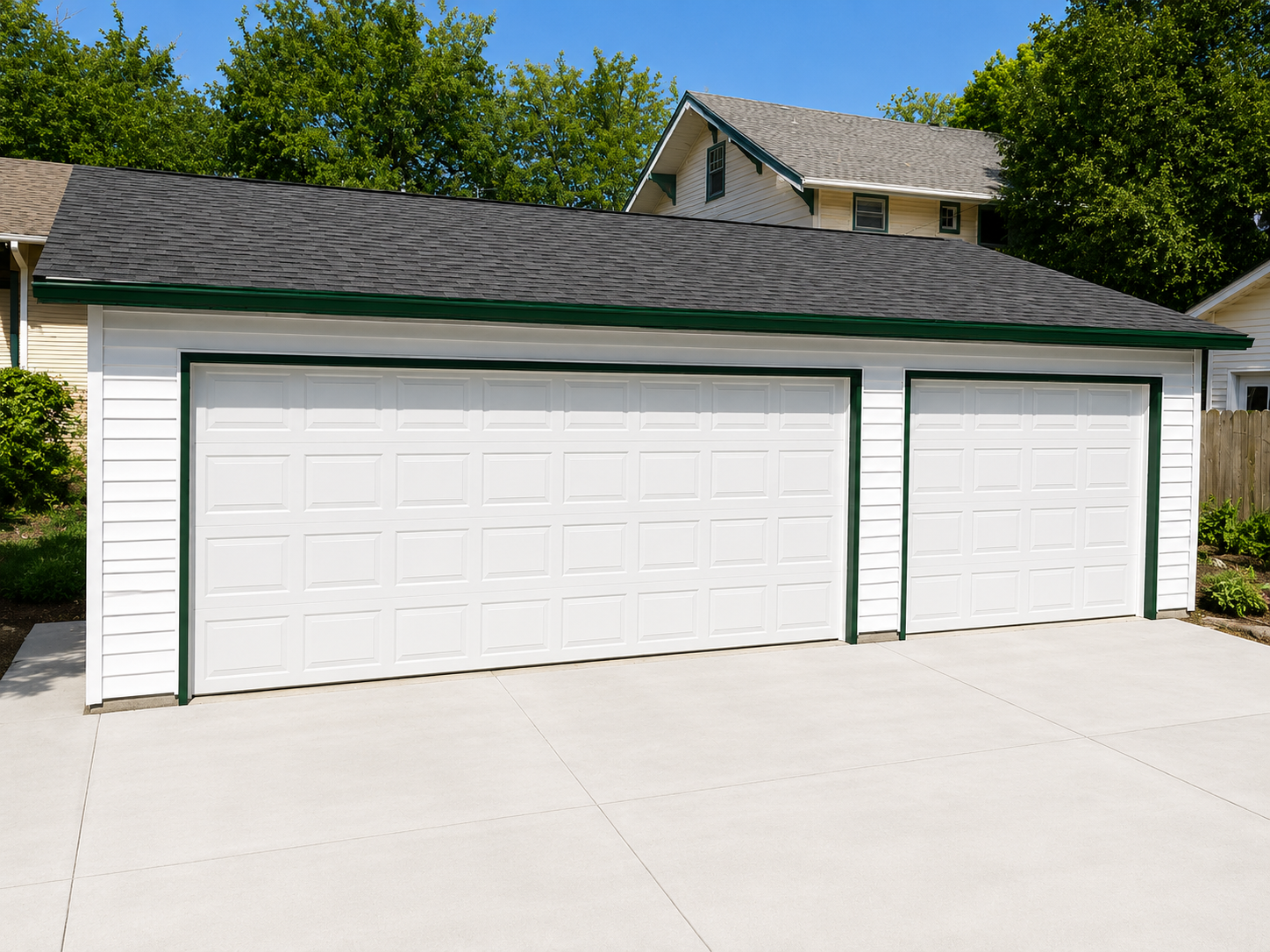 Two white garage doors on a detached garage with a dark shingled roof and concrete driveway