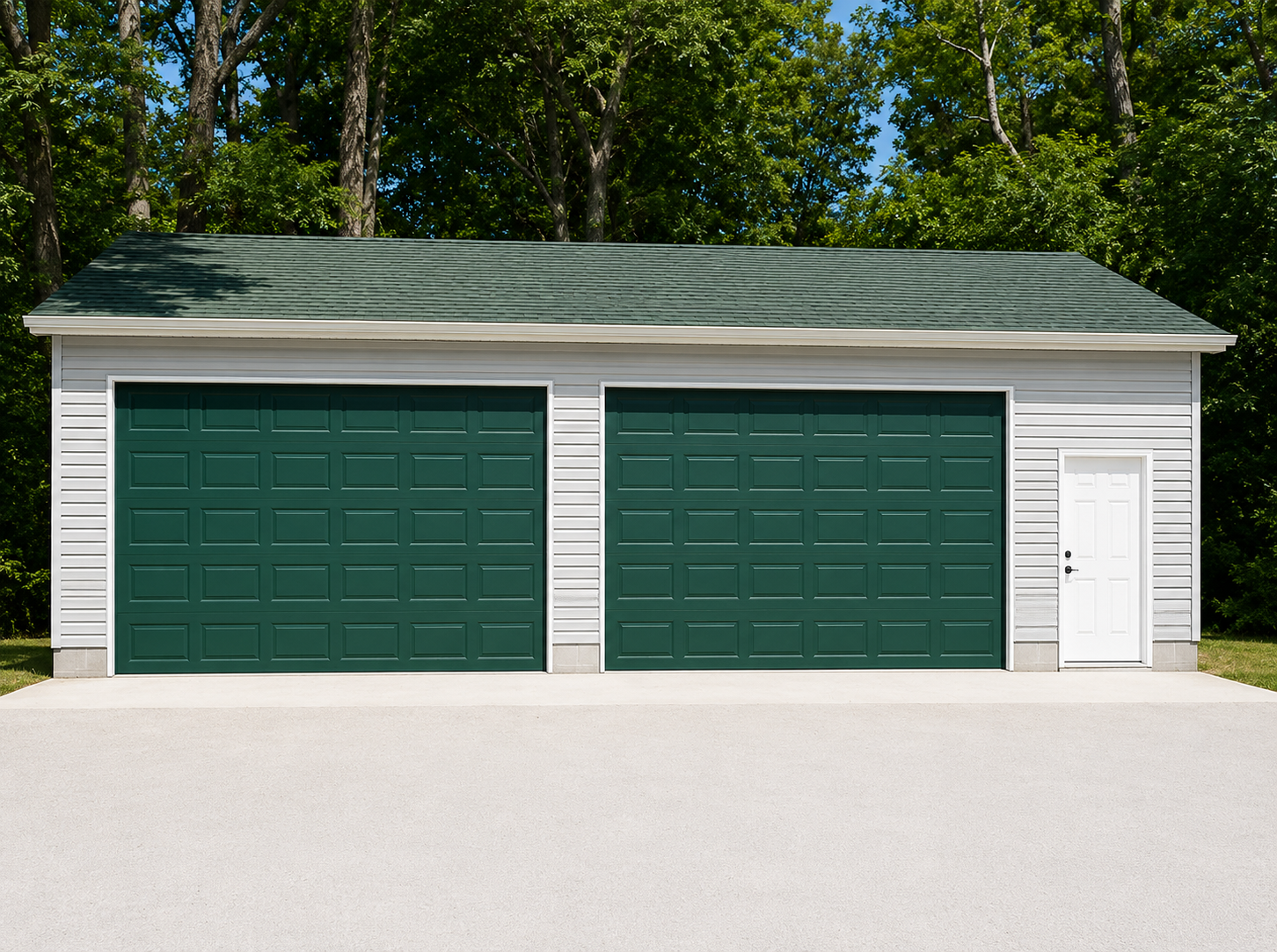 Two-car green garage with white trim and a small side door, set against trees and a paved driveway