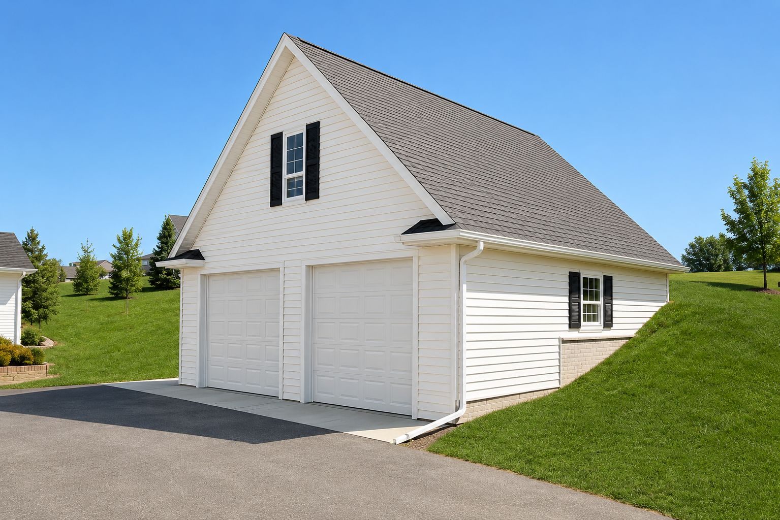 Two-car white garage with black shutters and dark gray roof, situated on a grassy hill.