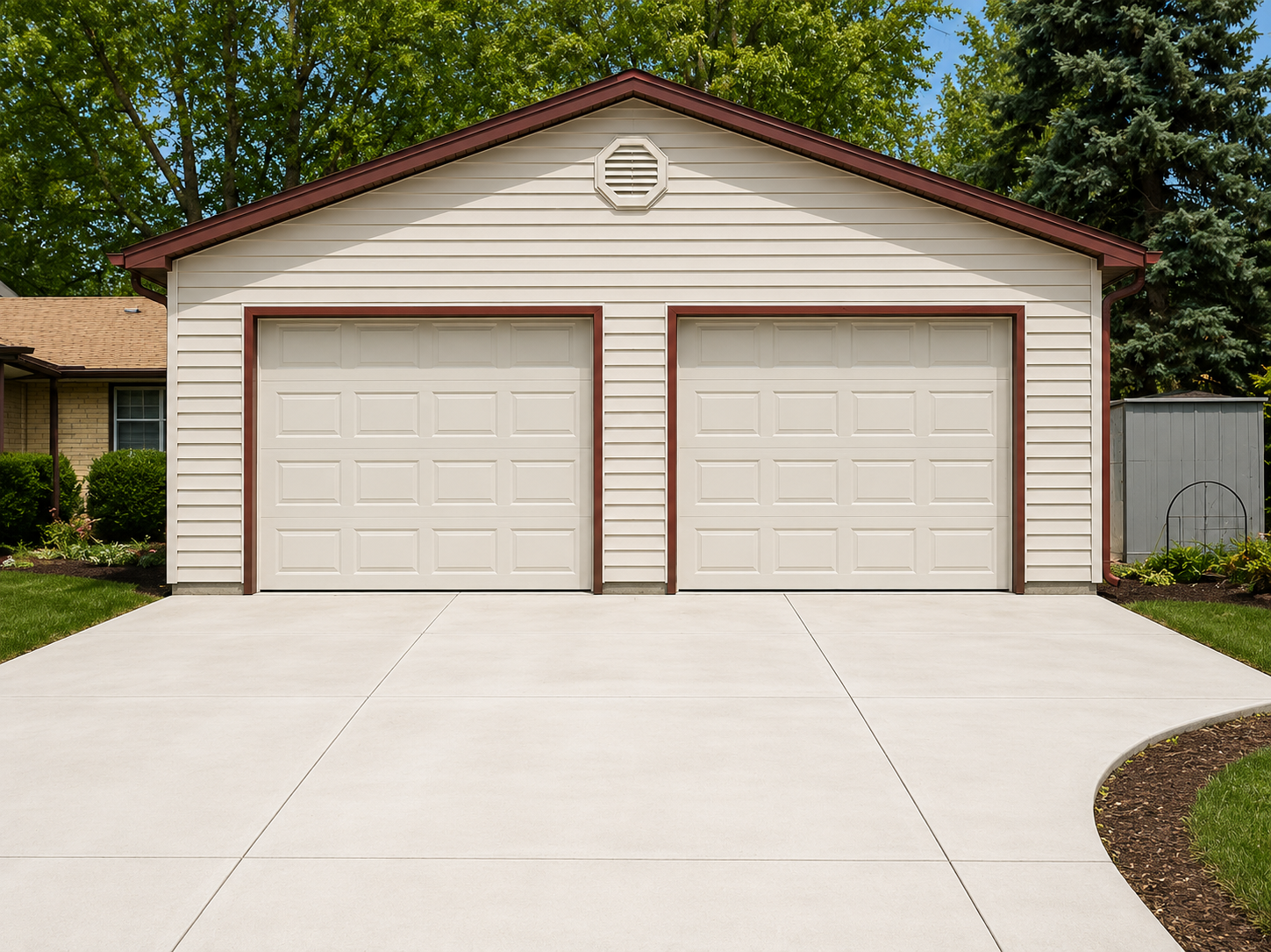Two-car beige garage with a wide concrete driveway and green trees in front