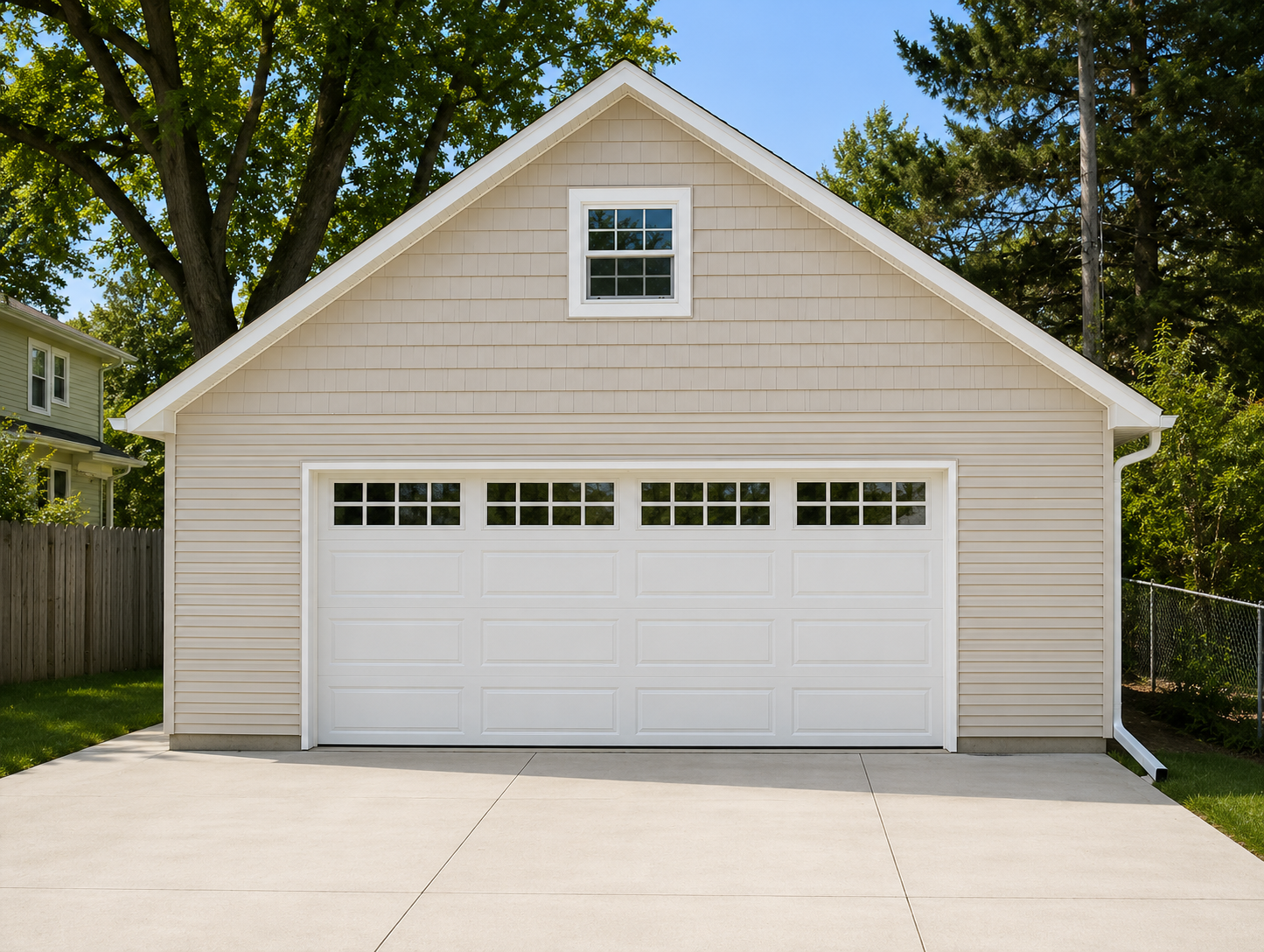 White two-car garage with beige siding and a concrete driveway under a blue sky
