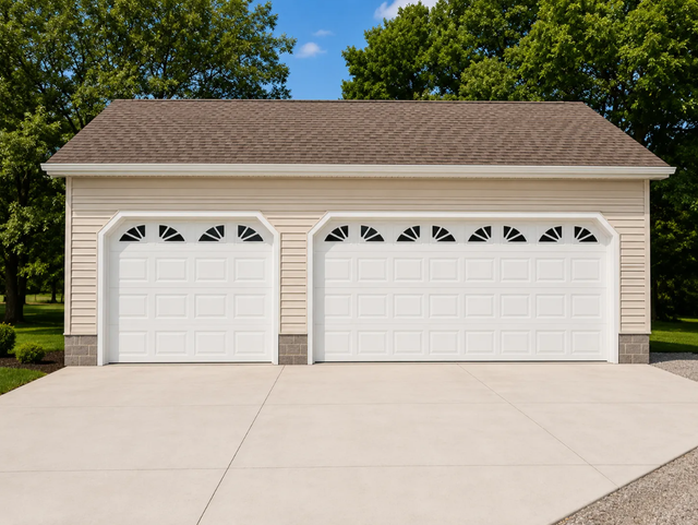 Two-car beige garage with white doors and a concrete driveway on a sunny day