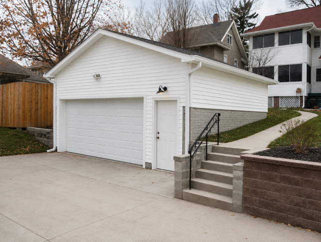 White detached garage with driveway, side door, and steps beside a house on a sloped lot.