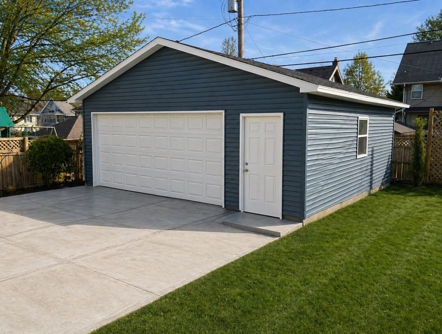 Detached blue-gray garage with white doors beside a concrete driveway and green lawn