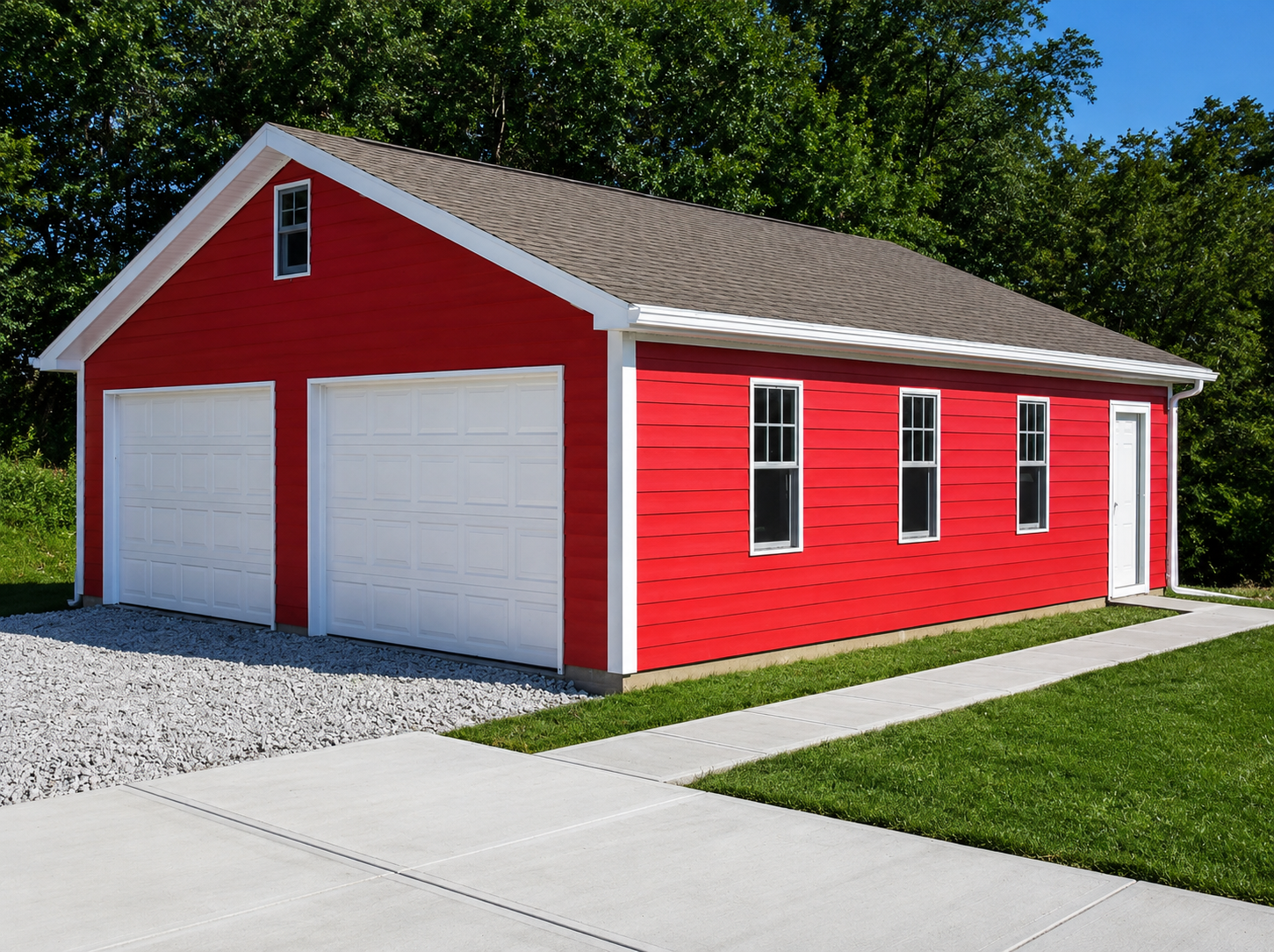 Red detached garage with white doors and trim beside a driveway and green lawn.