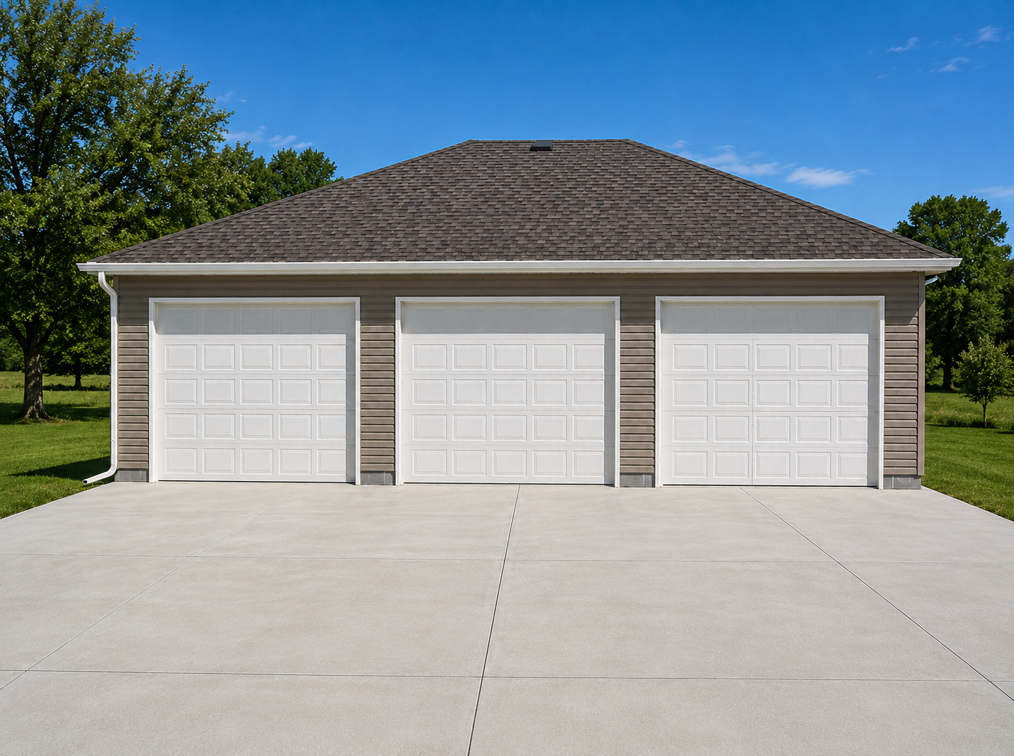 Three-door suburban garage with white doors and a concrete driveway under a clear sky