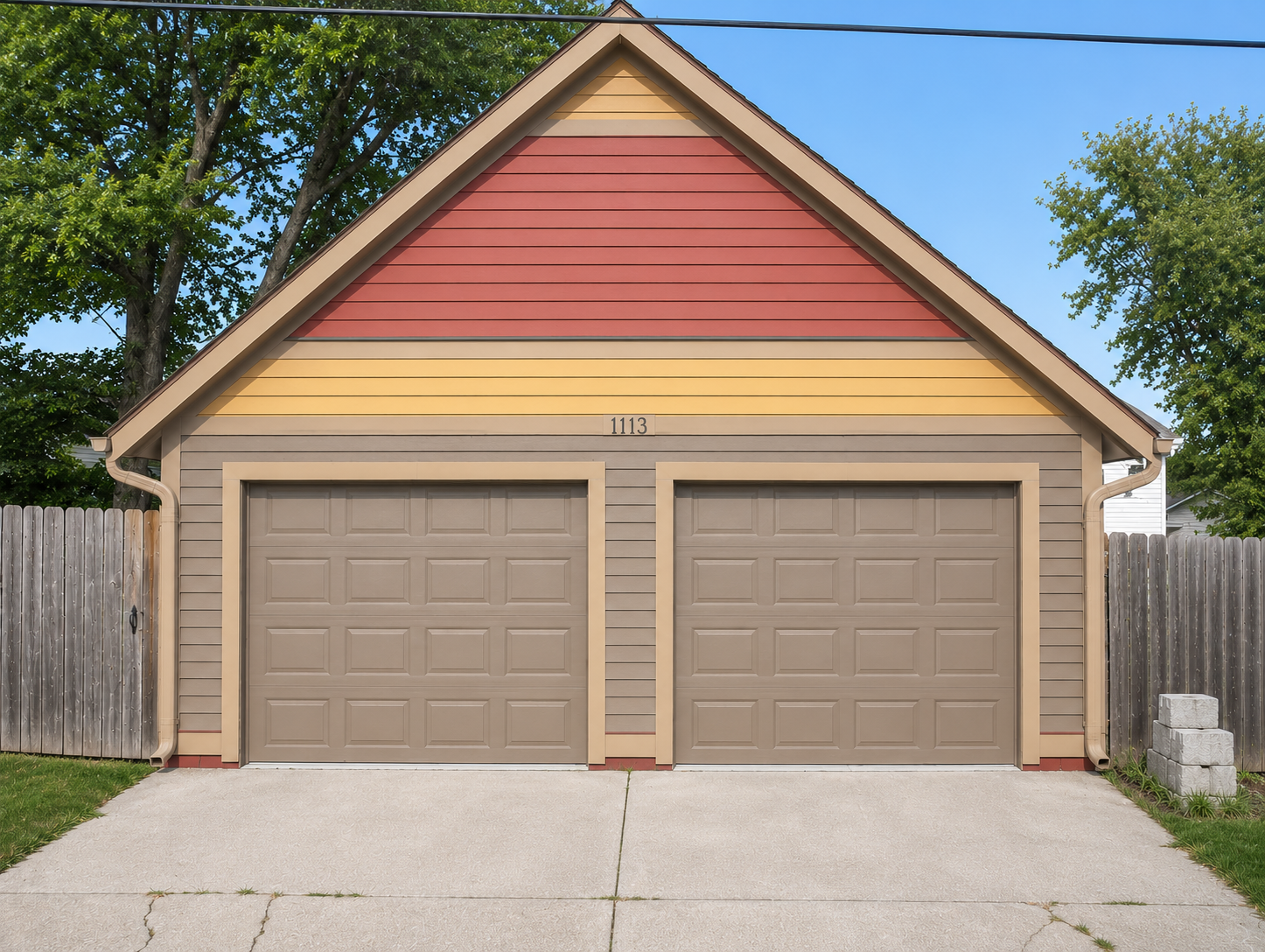 Two-car garage with brown doors and beige trim in a suburban driveway