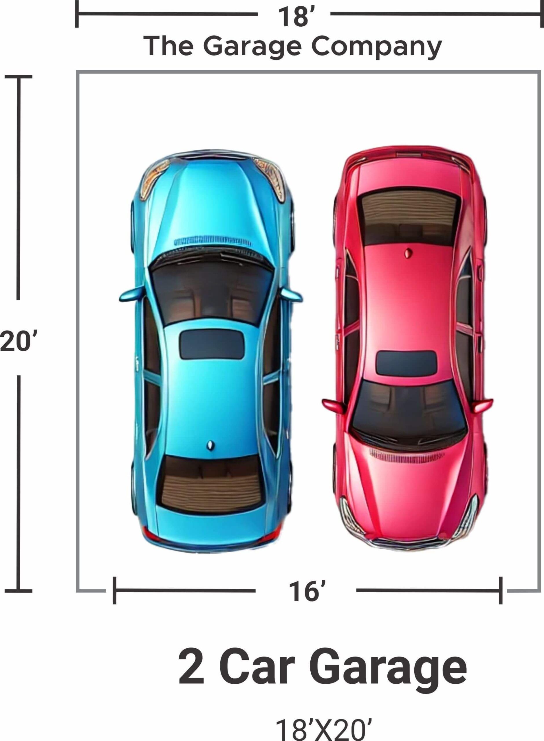 Overhead view of a 2-car garage with two cars parked inside, text indicating dimensions.