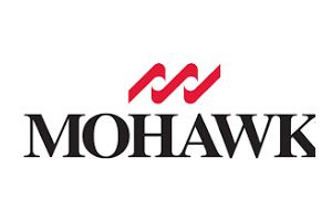 Mohawk logo in black serif text with red zigzag mark above it