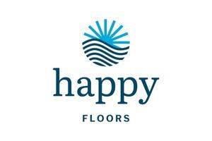 Happy Floors logo with blue sunburst and wave icon above the words “happy FLOORS”