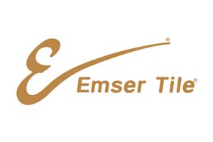 Emser Tile logo in gold with stylized swoosh on a white background