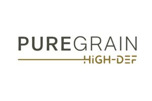 PUREGRAIN HIGH DEF logo in dark gray and gold on a white background