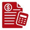 A red icon featuring a document with a dollar sign symbol and a calculator, representing financial calculation or billing.