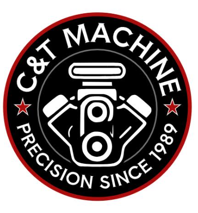Logo for C&T Machine with a central white engine icon, red stars, and text on a black circular background.