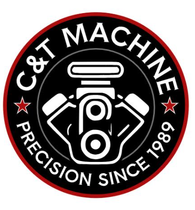 Logo for C&T Machine with a central white engine icon, red stars, and text on a black circular background.
