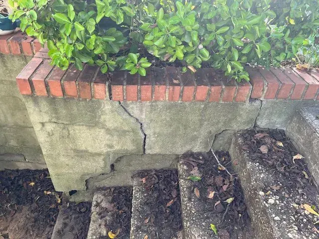 Cracked concrete wall with brick top, next to stairs, green bush above. Brown, gray colors.
