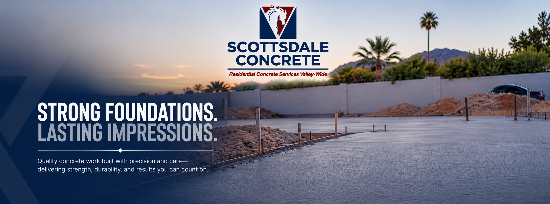 Scottsdale Concrete logo over a desert pool deck with the text “Strong foundations. Lasting impressions.”