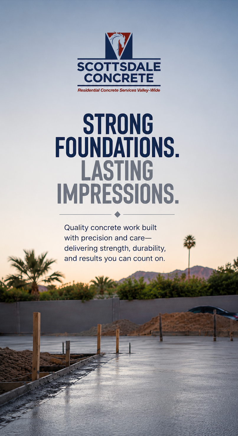 Scottsdale Concrete ad showing a wet concrete driveway at sunset with the slogan “Strong foundations. Lasting impressions.”
