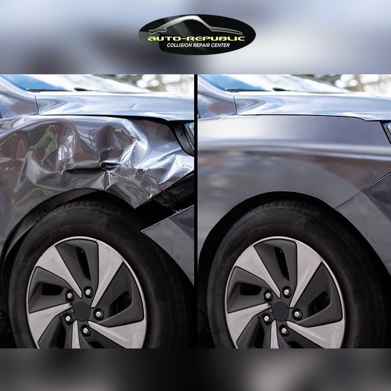 A before and after photo of a car 's fender