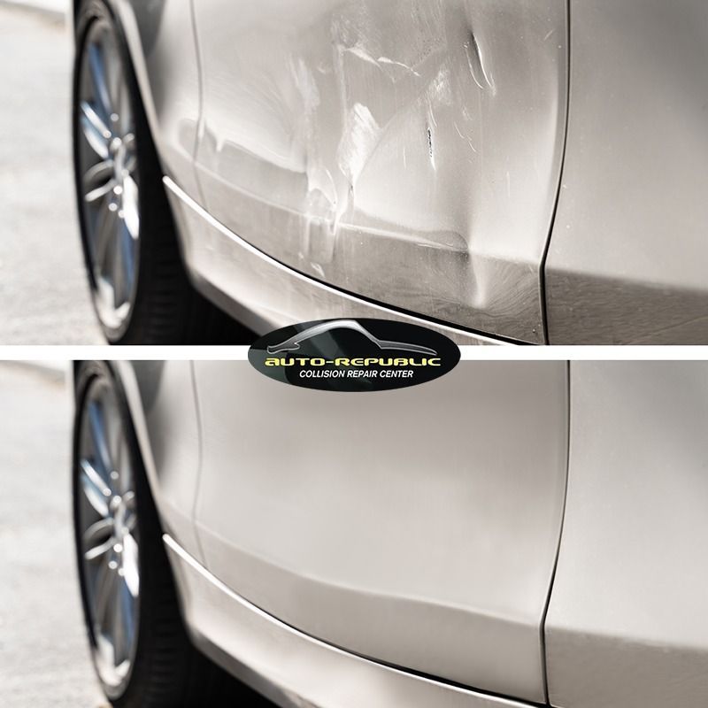 A picture of a car before and after being repaired by auto republic