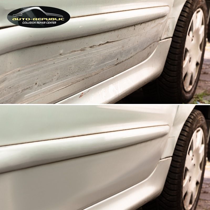 A picture of a car before and after being repaired by auto republic