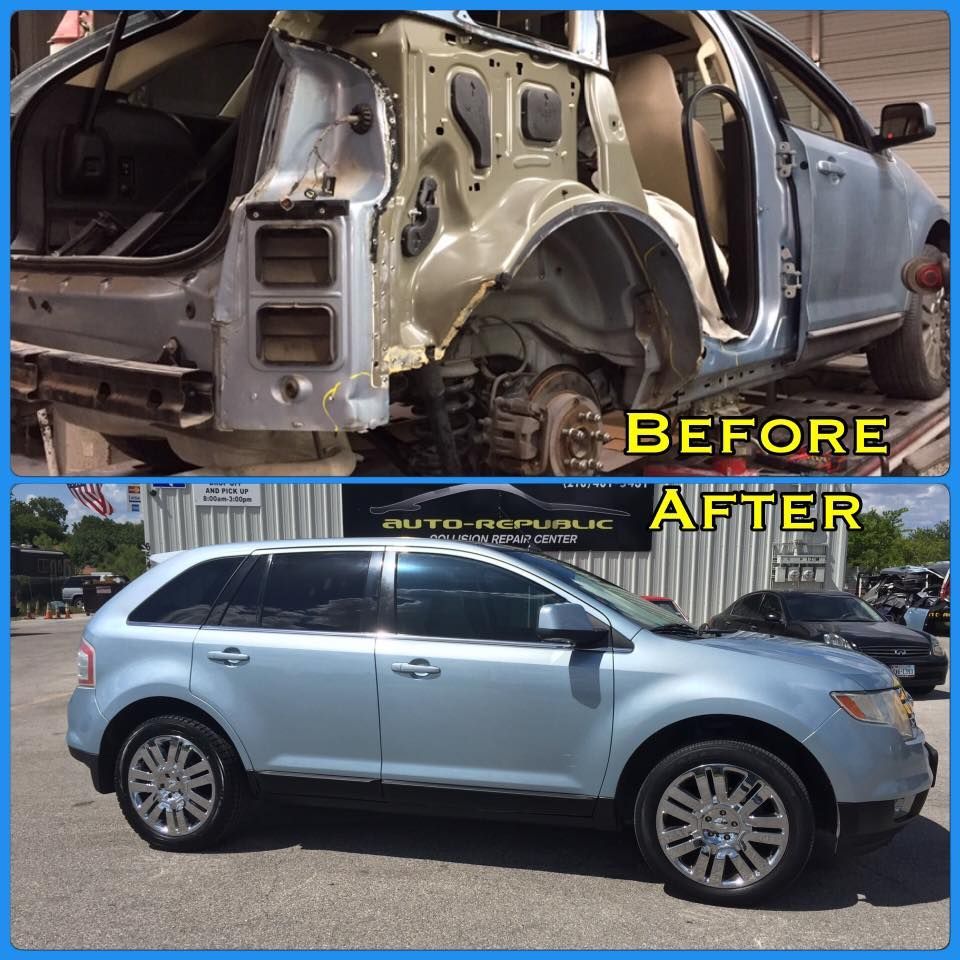 A picture of a car before and after being repaired