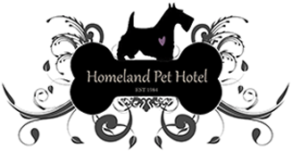 Homeland Pet Hotel logo with black pet silhouette, swirls, and decorative floral elements