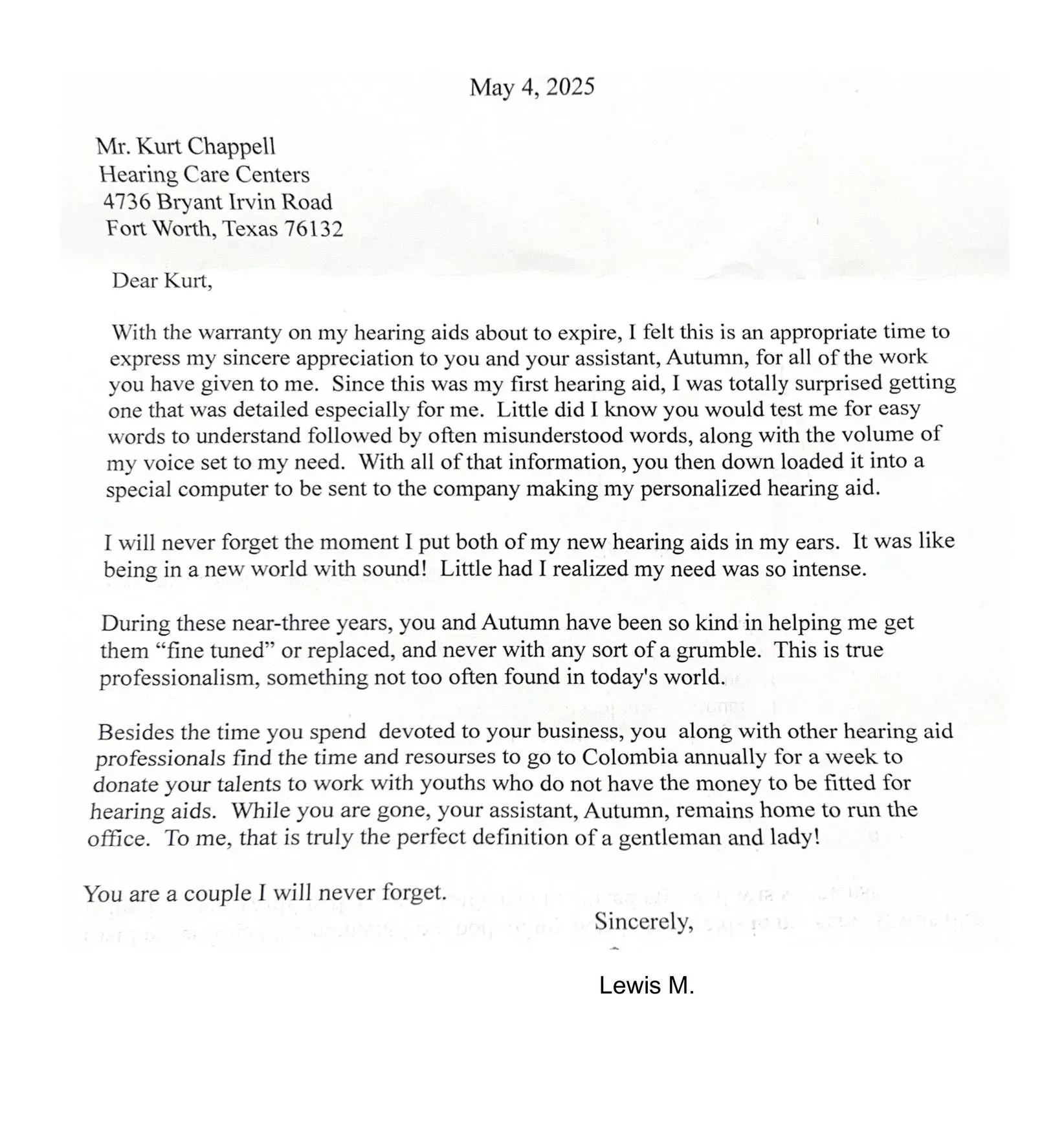 A handwritten letter to Mr. Kran Chappell, thanking him for his help with hearing aids.