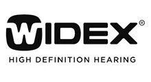 Black and white Widex logo with text: Widex and High Definition Hearing.