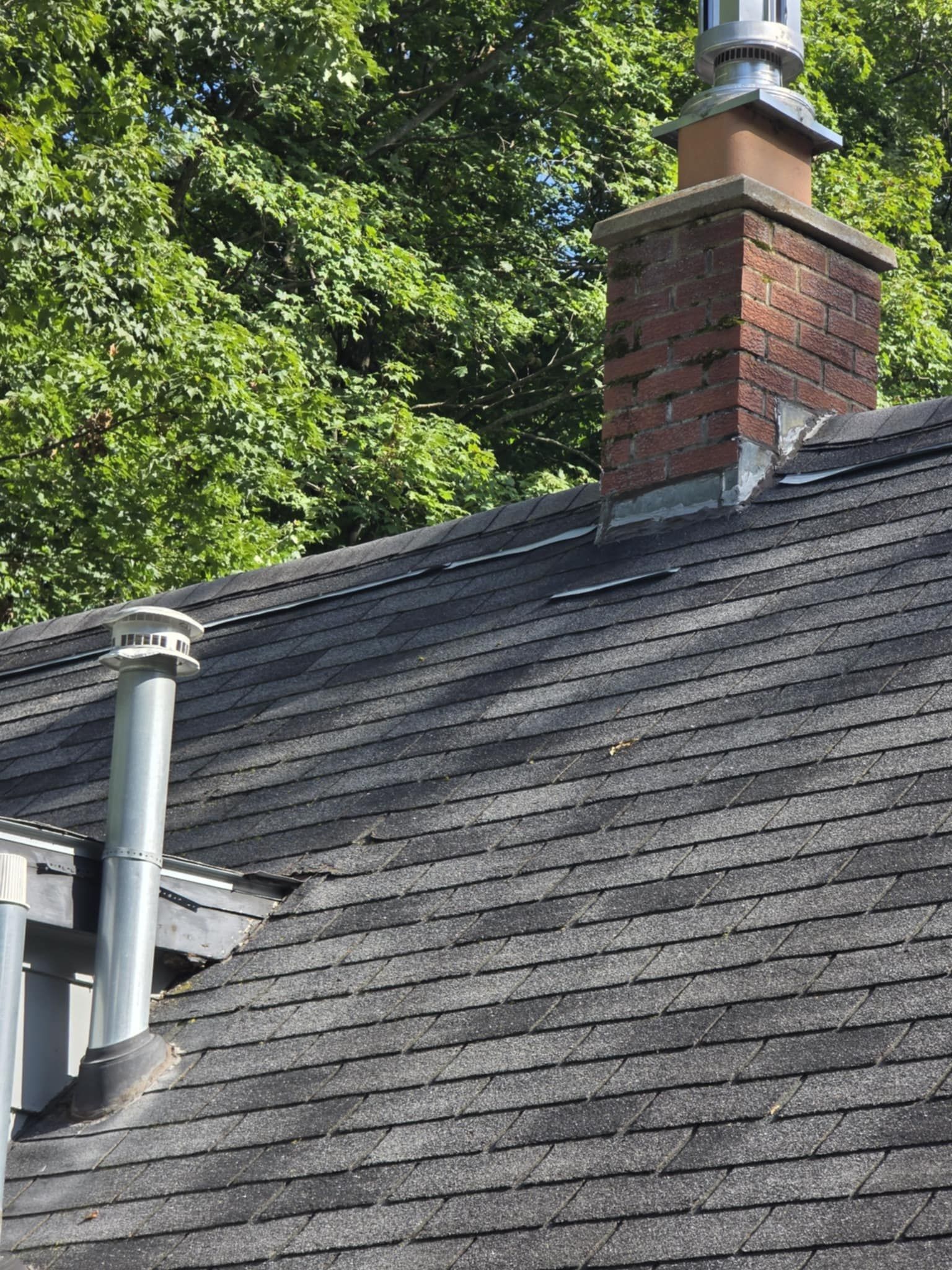 Brick chimney on a dark shingle roof with a metal vent. Green trees in background.
