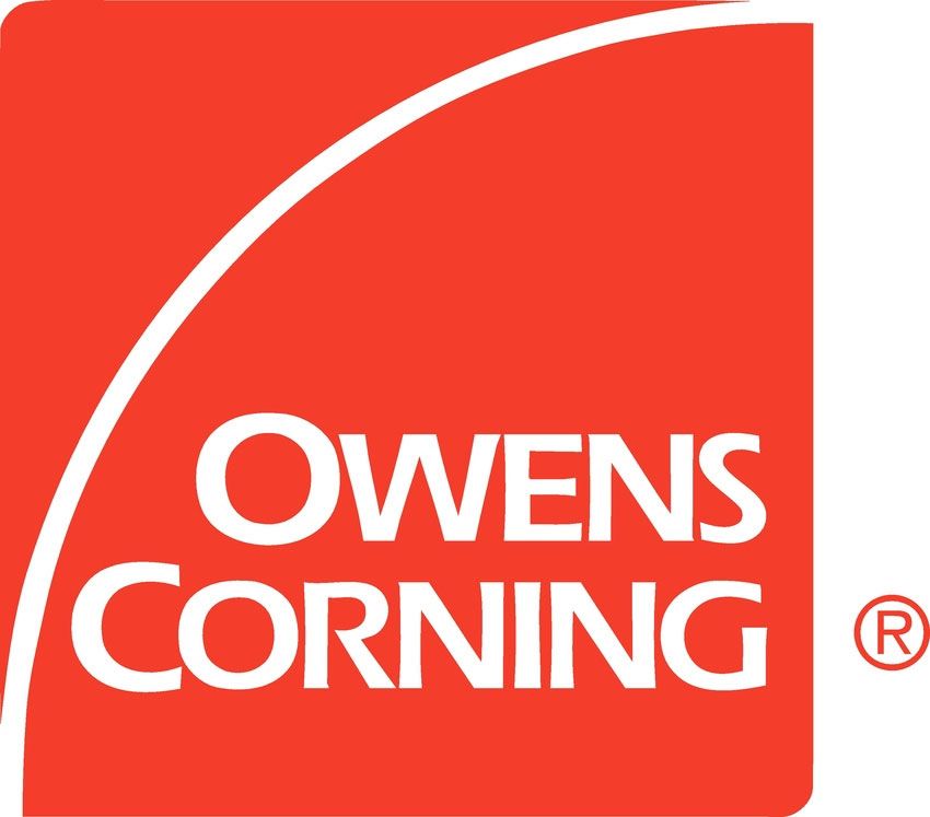 Owens Corning logo: white text and arc on red square, registered trademark symbol.