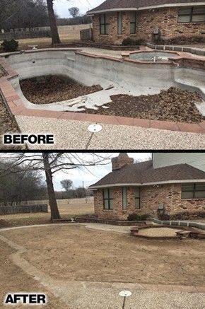 Before and after photos: a drained pool filled with leaves transforms into a grassy lawn.
