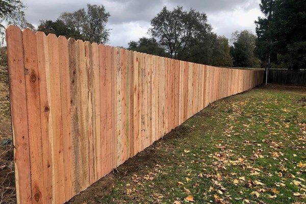 Wooden privacy fence in a grassy yard under a cloudy sky.