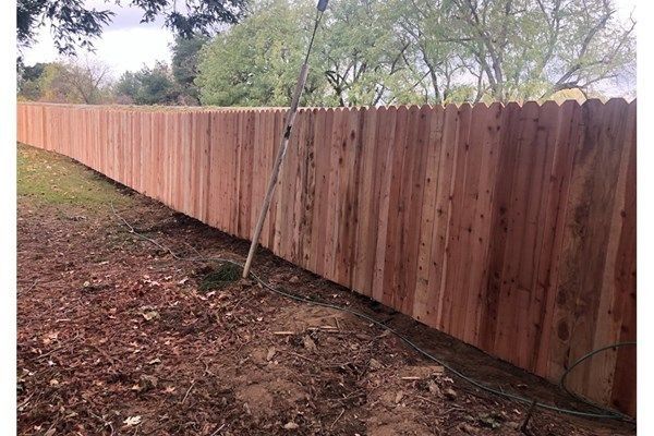 Wooden fence in a yard with brown soil and a curved shape, with trees in the background.