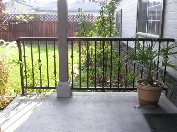 Concrete porch with black metal railing, potted plant, and backyard view.