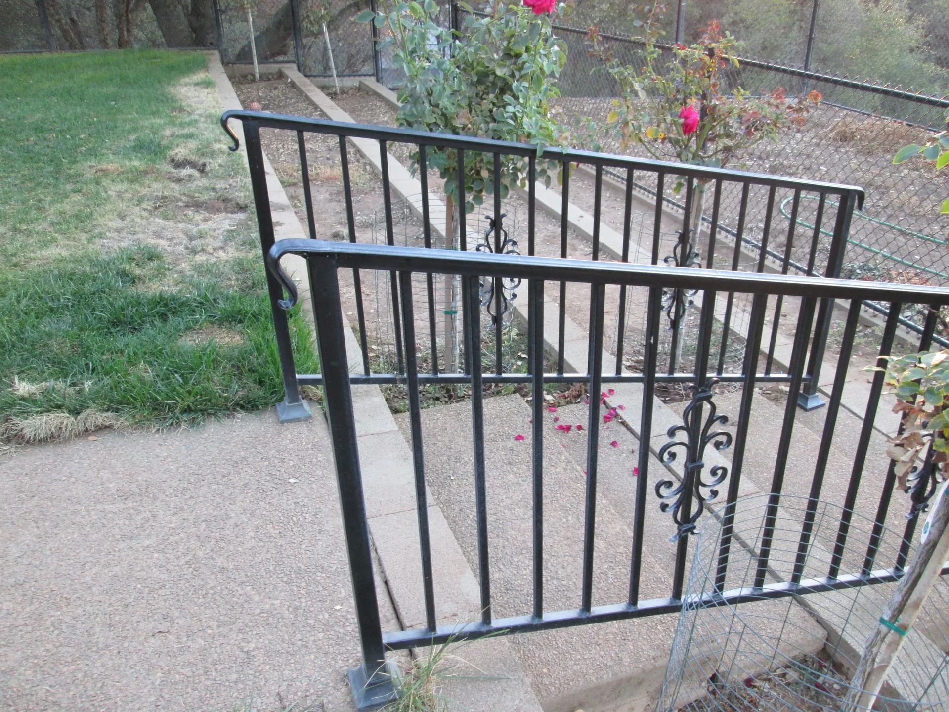 Black metal railing on a concrete walkway with a small lawn and rose bushes.