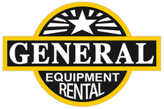 Logo for General Equipment Rental: black text on yellow, with star and sunburst design.