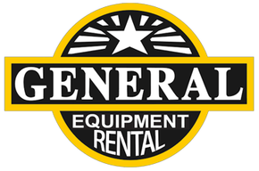 Logo for General Equipment Rental: black text on yellow, with star and sunburst design.