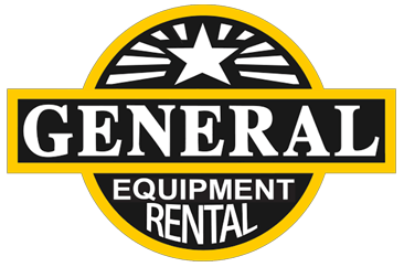 Logo for General Equipment Rental: black text on yellow, with star and sunburst design.