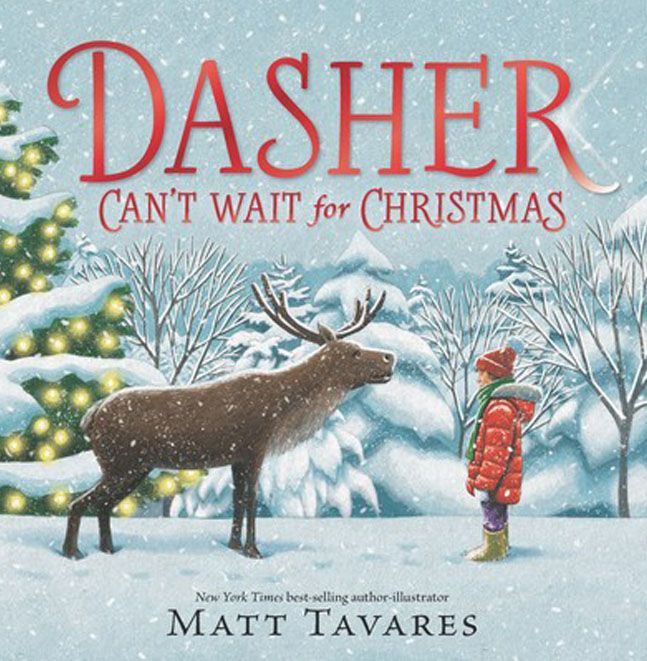 Book cover showing a reindeer and bundled child in snowy woods