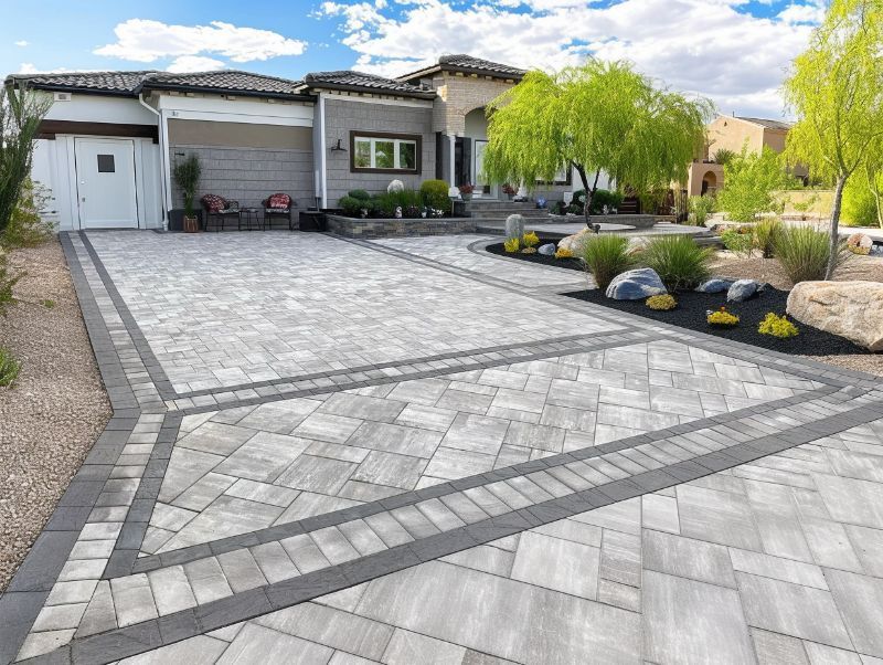 Paver driveway leading to a house with a garage, landscaping, and a blue sky.