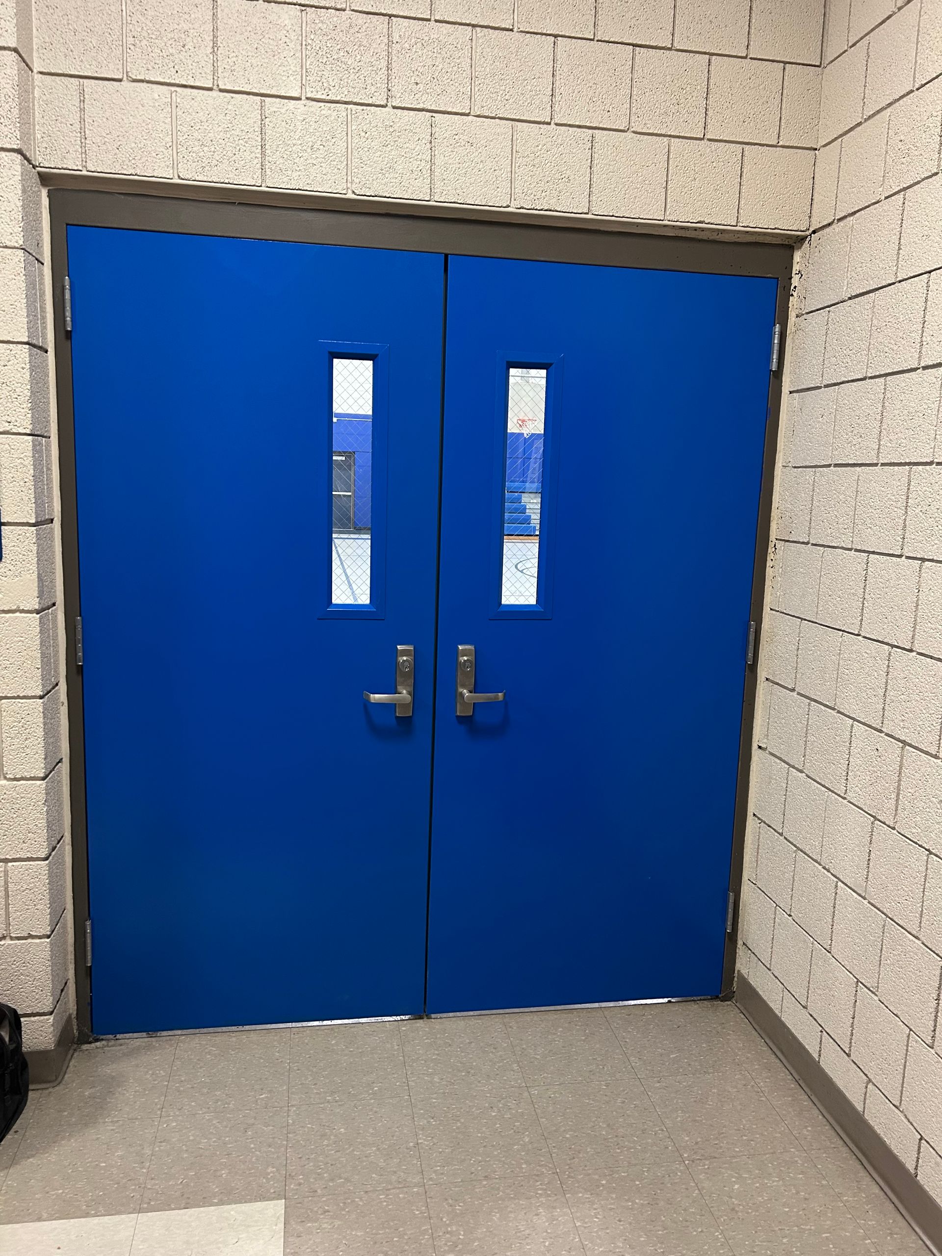 Blue double doors with rectangular windows in a hallway. The doors have silver handles, against a light-colored block wall.