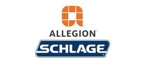 Allegion and Schlage logo. Allegion logo features an orange open square. Schlage logo in a blue box.