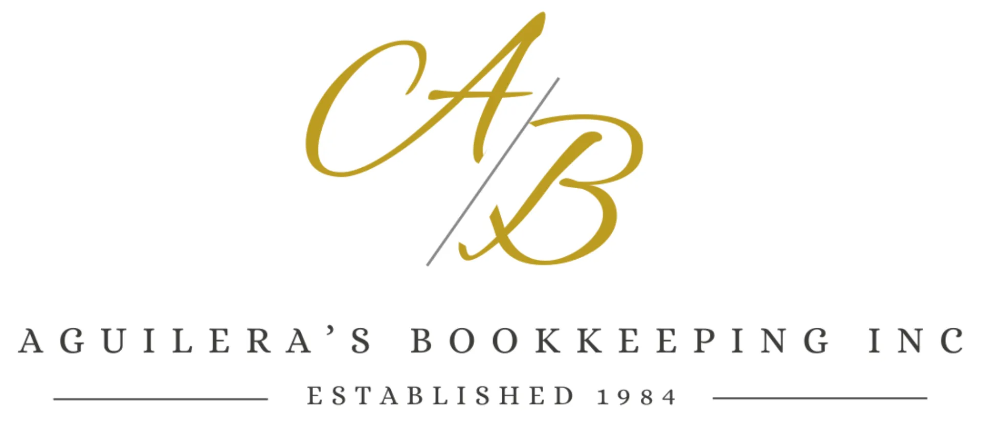 Logo for Aguilera's Bookkeeping Inc. with gold script "AB" and text "Established 1984" below.