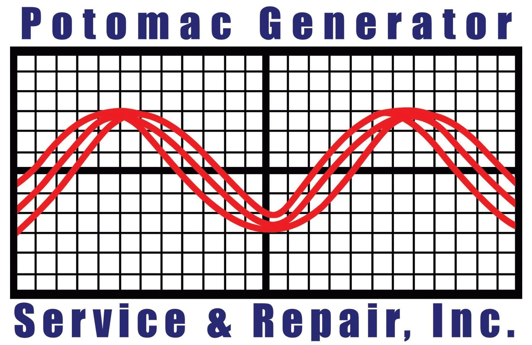 Potomac Generator Service & Repair, Inc. logo with red wave lines on a black grid background