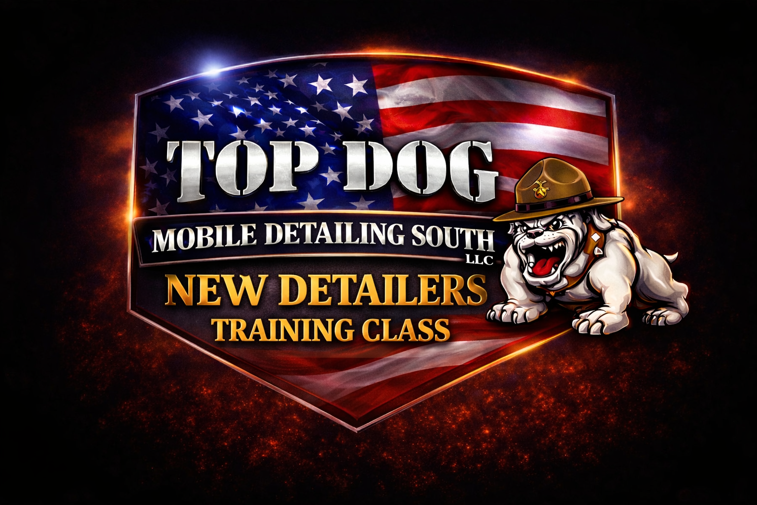 Graphic for Top Dog Mobile Detailing South training class featuring a drill sergeant bulldog over a US flag shield.