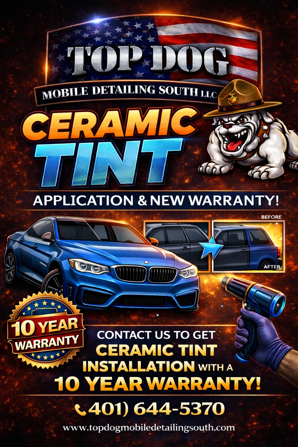 Ad for Top Dog Mobile Detailing, featuring a bulldog mascot, a blue car, and text promoting ceramic tint with a 10-year warranty