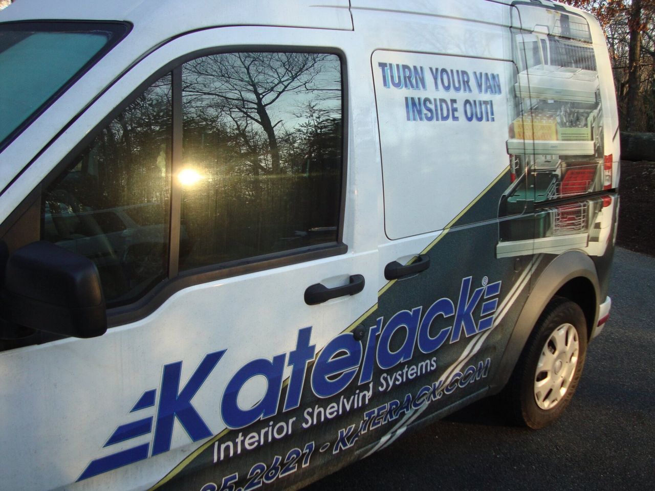 A white van that says